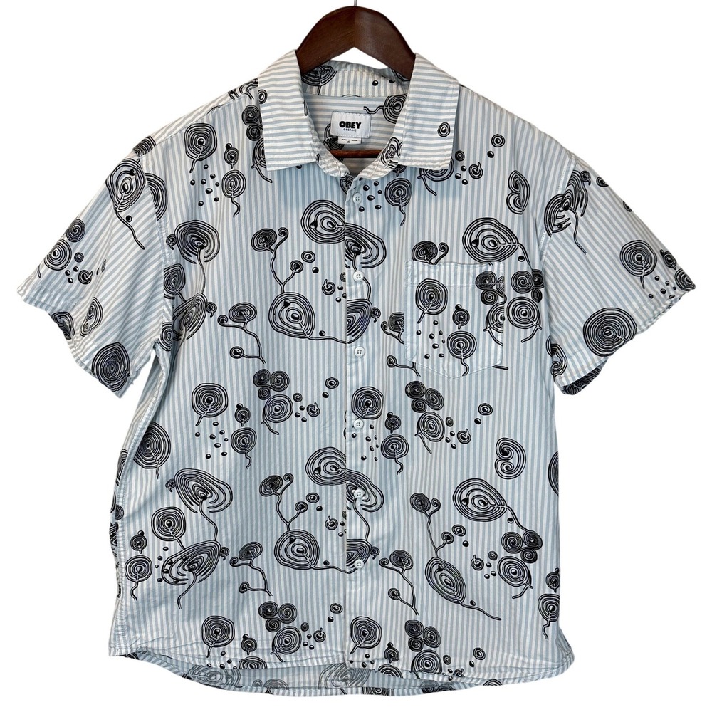 Obey Undertone Pinstripe Swirl Organic Cotton Woven Button Up‎ Shirt size Medium